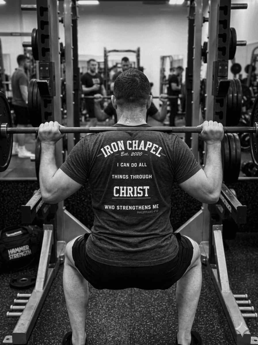 Iron Chapel tee worn during a squat