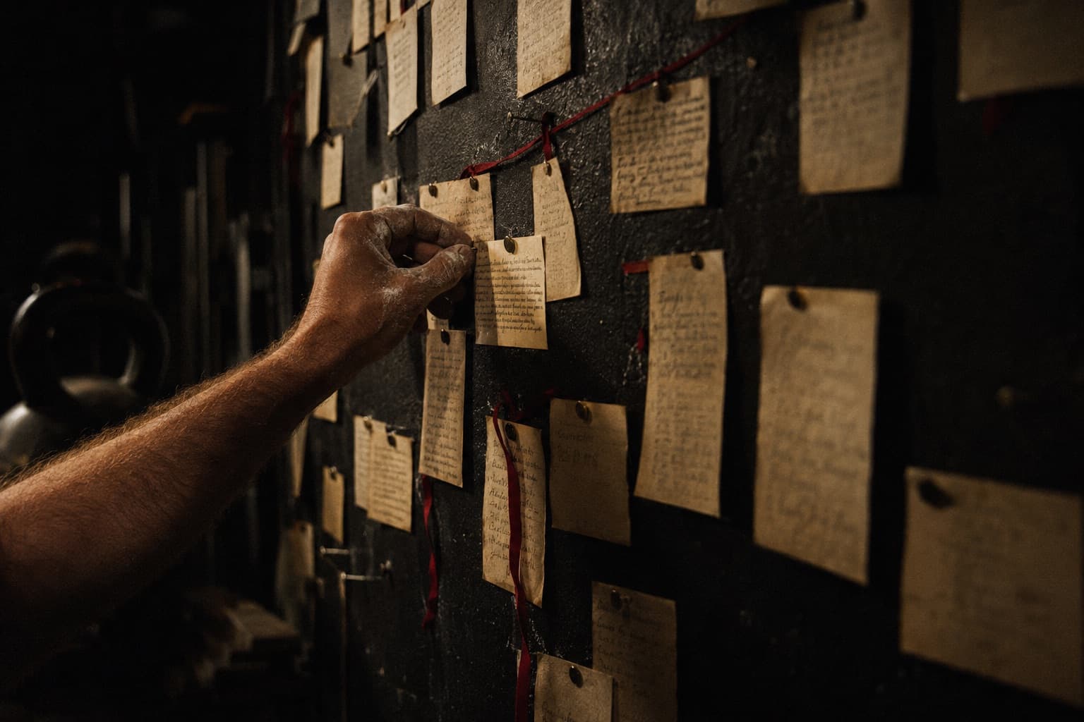 Handwritten prayer notes pinned to a dark wall