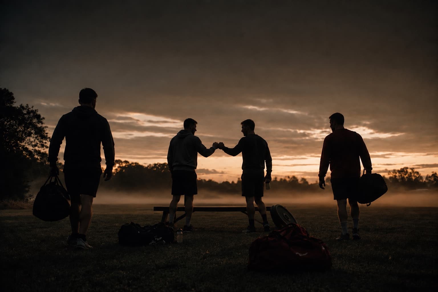 Training crew gathering at dawn in a park