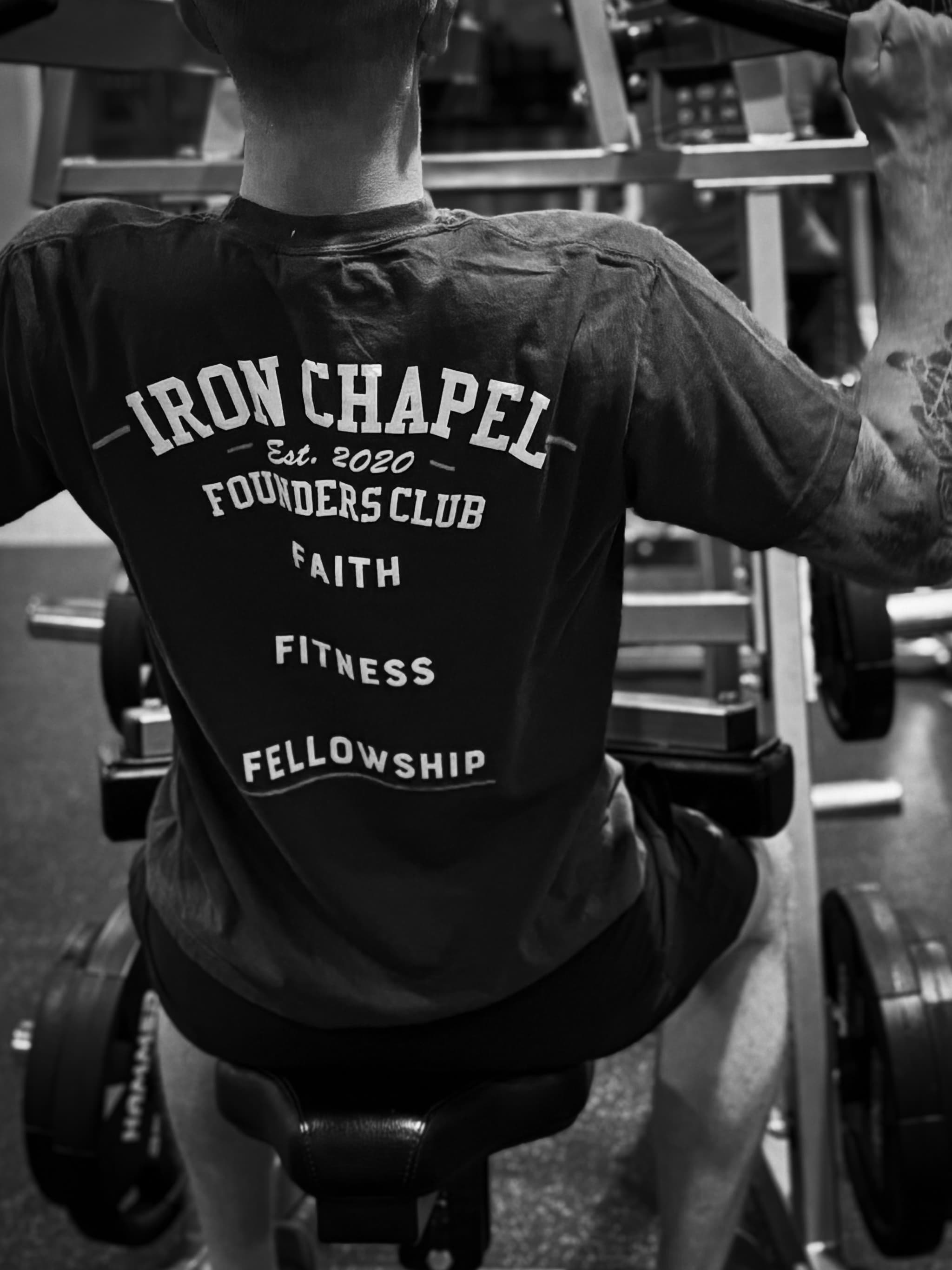 Iron Chapel founders tee, back view